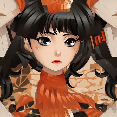 anime girl with black hair and orange dressの素材