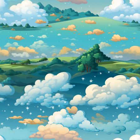 cartoon clouds and trees in the skyの素材