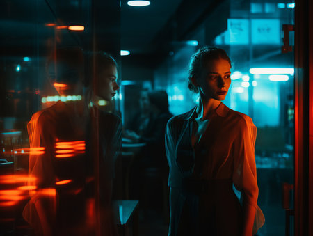 a woman standing in front of a mirror in a dark roomの素材