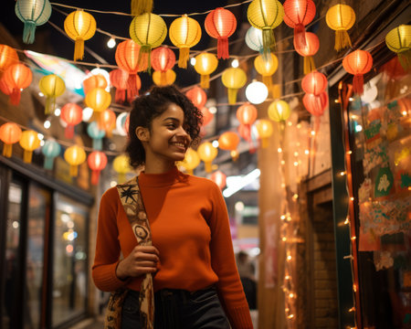 a woman standing in front of colorful paper lanternsの素材
