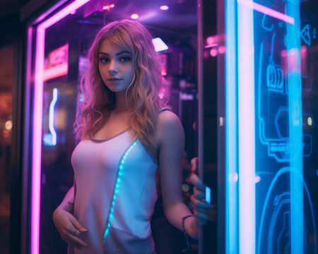 a woman standing in front of a neon signの素材
