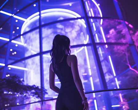 a woman standing in front of a building with neon lightsの素材