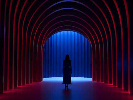 a woman standing in front of a tunnel with red and blue lightsの素材