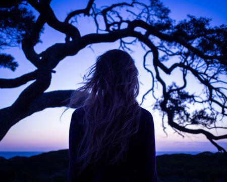 a woman standing in front of a tree at duskの素材