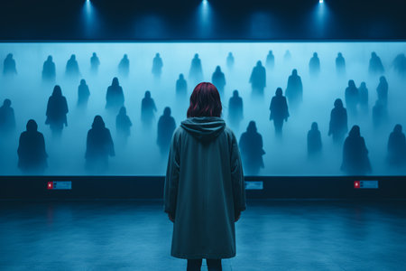 a woman standing in front of a crowd of peopleの素材