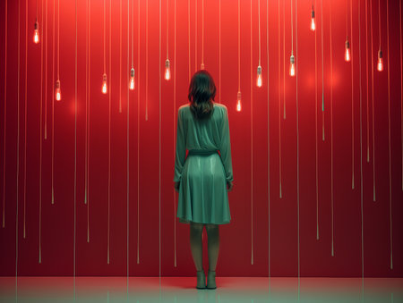 a woman standing in front of a red wall with light bulbs hanging from the ceilingの素材
