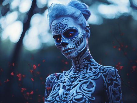 a woman with a skeleton face painted on her bodyの素材