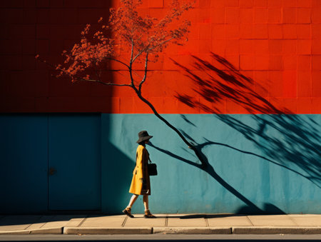 a woman walks past a tree in front of a red and blue buildingの素材