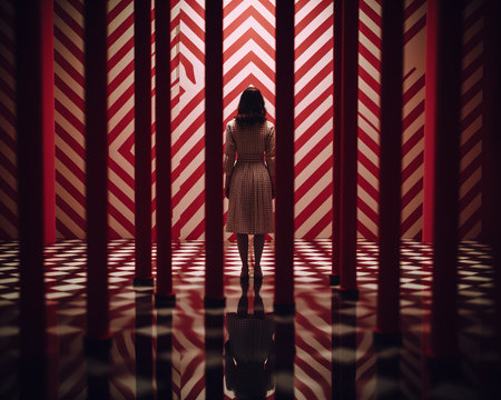 a woman stands in front of a red and white striped roomの素材