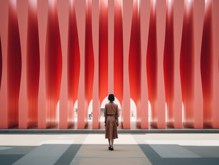 a woman stands in front of a red buildingの素材