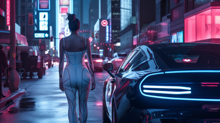 a woman walking down a city street at night with a car in the backgroundの素材