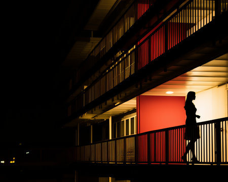 a woman standing on a balcony at nightの素材