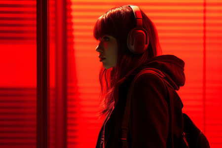 a woman wearing headphones in front of a red wallの素材