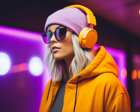 a woman wearing headphones and sunglasses in a neon lightの素材