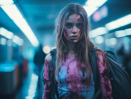 a woman with blood on her face standing in a subway stationの素材