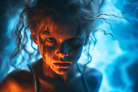 a woman with blood on her face in a dark roomの素材
