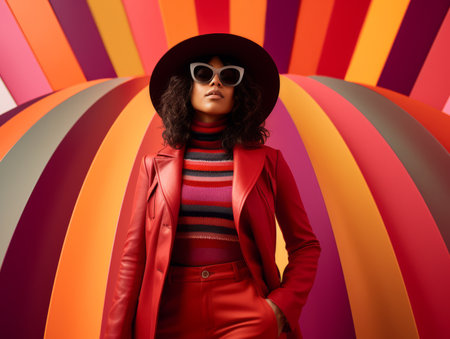 a woman wearing sunglasses and a red jacket standing in front of a colorful backgroundの素材