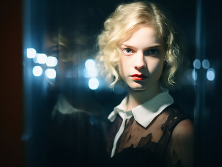 a woman with blonde hair and red lipstick is standing in front of a mirrorの素材