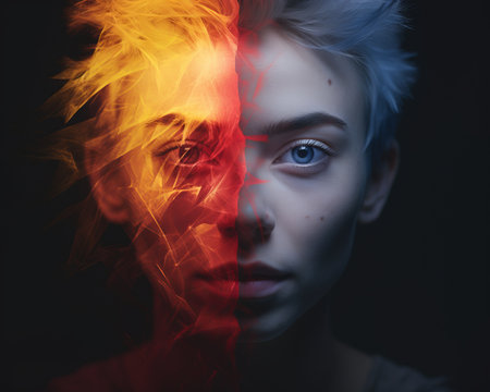 a woman with blue and red hair is in front of a fireの素材
