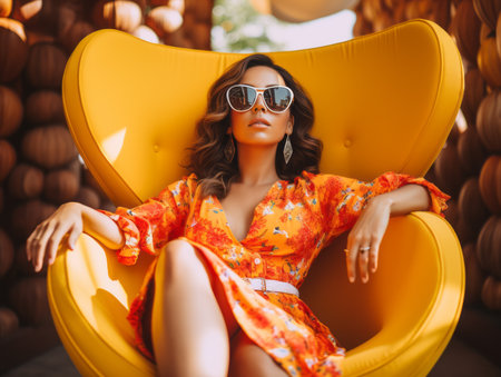 a woman wearing sunglasses and a floral dress sitting on an orange chairの素材