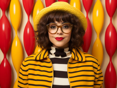 a woman wearing glasses and a yellow hatの素材