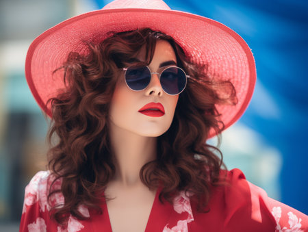 a woman wearing a pink hat and sunglassesの素材