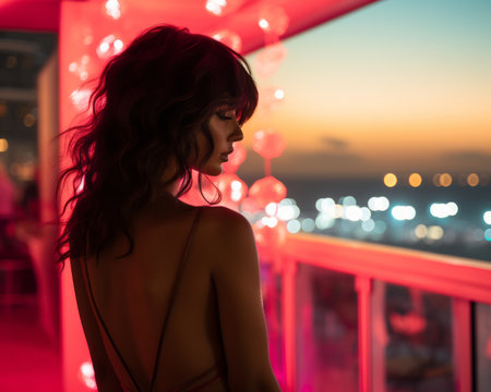 a woman standing on a balcony overlooking the city at nightの素材