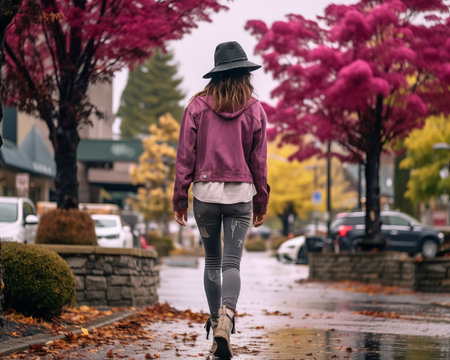 a woman wearing a hat walks down a street in the rainの素材