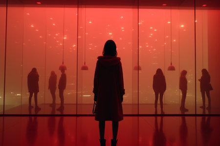 a woman standing in front of red lights in an empty roomの素材