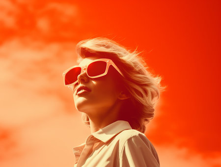 a woman wearing sunglasses in front of an orange skyの素材