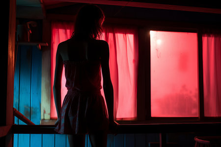 a woman standing in front of a window with a red curtainの素材