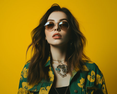 a woman wearing sunglasses and a floral jacket on a yellow backgroundの素材