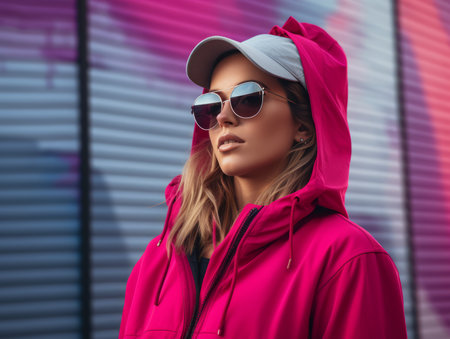 a woman wearing a pink jacket and sunglasses in front of a graffiti wallの素材