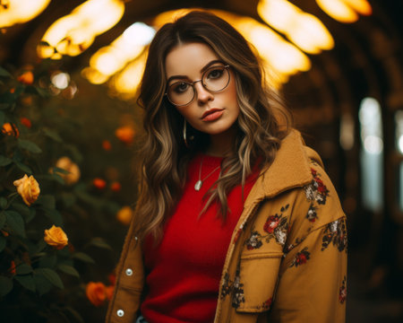 a woman wearing glasses and a red sweater standing in front of flowersの素材