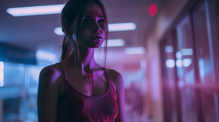 a woman with blood on her face stands in a hallwayの素材