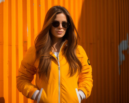 a woman wearing sunglasses and a yellow jacket standing in front of an orange wallの素材