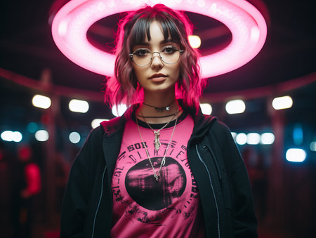 a woman wearing a pink t - shirt and glasses standing in front of a neon signの素材