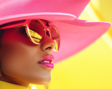 a woman wearing a bright pink hat and sunglassesの素材