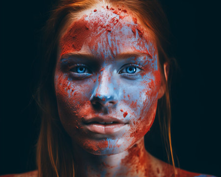 a woman with blood on her face and blue eyesの素材