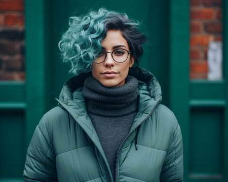 a woman with blue hair and glasses standing in front of a green doorの素材