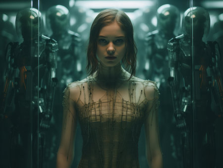 a woman standing in front of a group of robotsの素材