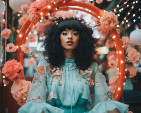 a woman with curly hair sitting in a circle of flowersの素材