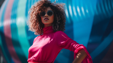 a woman with curly hair wearing a pink top and sunglassesの素材