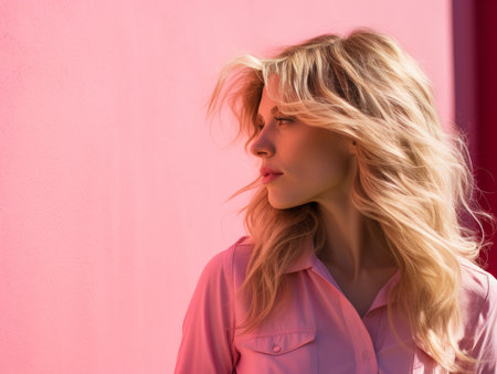 a woman with long blonde hair standing in front of a pink wallの素材