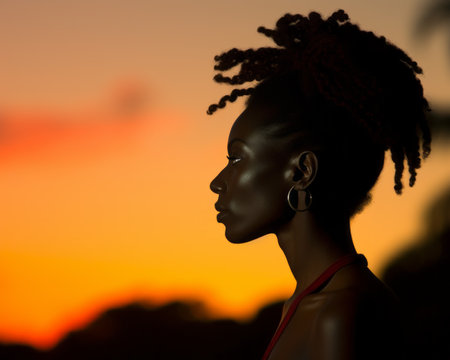 a woman with dreadlocks is silhouetted against a sunsetの素材