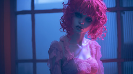 a woman with pink hair standing in front of a windowの素材