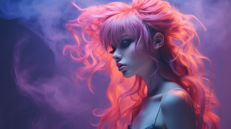 a woman with pink hair and smoke coming out of her hairの素材