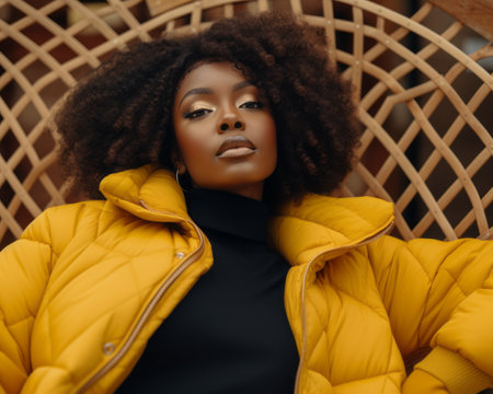 a woman with curly hair wearing a yellow puffer jacketの素材