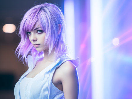 a woman with purple hair and a white shirtの素材