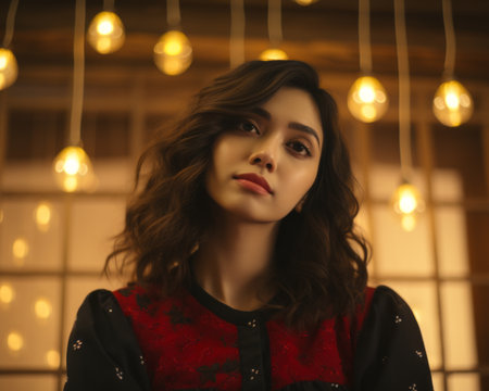 a woman with dark hair and a red top standing in front of a string of lightsの素材